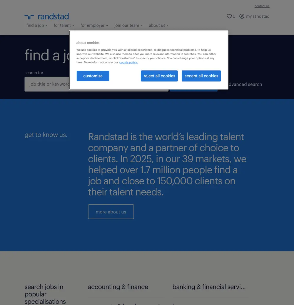 Randstad Singapore job board platform screenshot showing job search interface