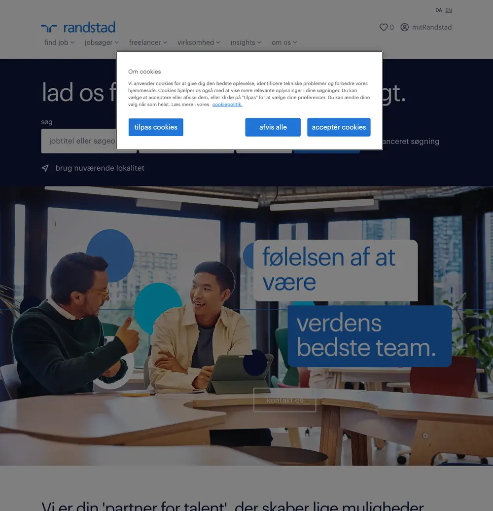 Randstad Danmark job board platform screenshot showing job search interface