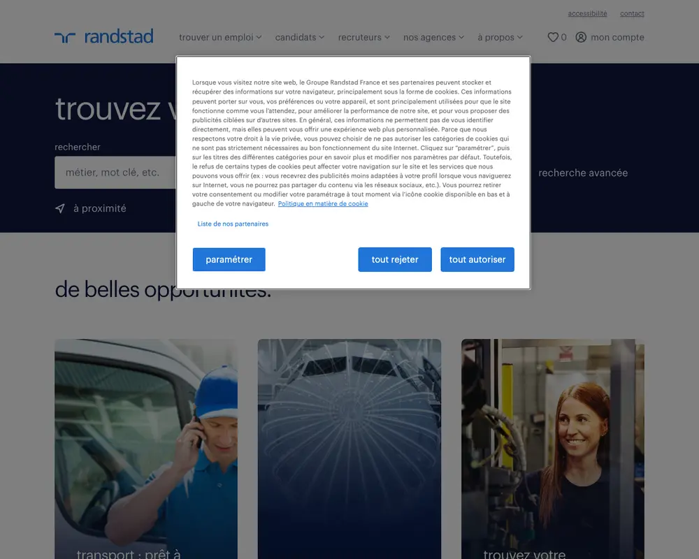 Randstad France job board platform screenshot showing job search interface