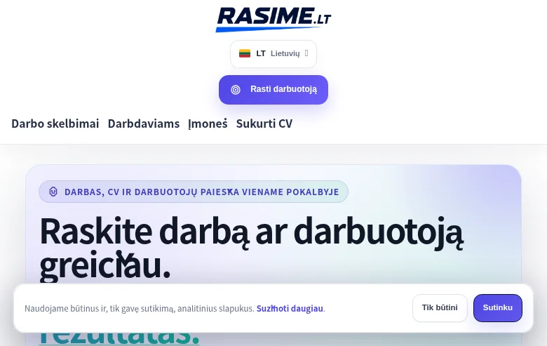 rasime.lt job board platform screenshot showing job search interface