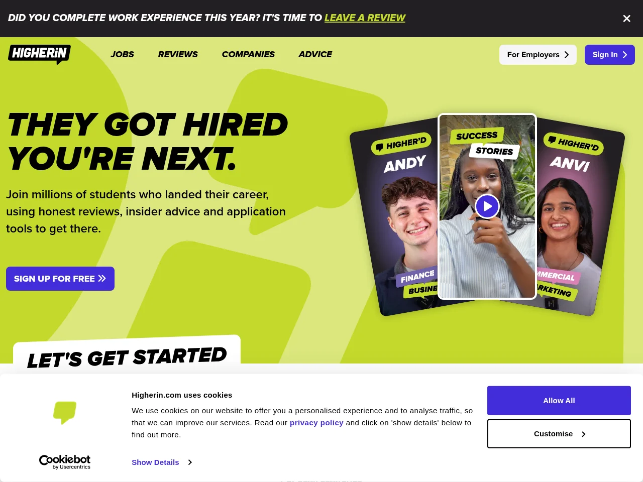 Higherin job board platform screenshot showing job search interface