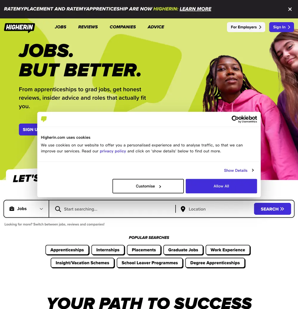 Higherin job board platform screenshot showing job search interface