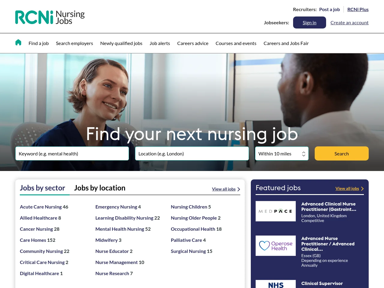 RCNi Nursing Jobs screenshot RCNi Nursing Jobs job board platform screenshot showing job search interface