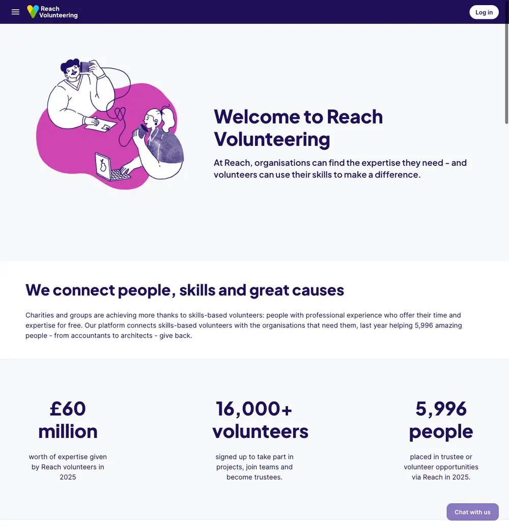 Reach Volunteering job board platform screenshot showing job search interface