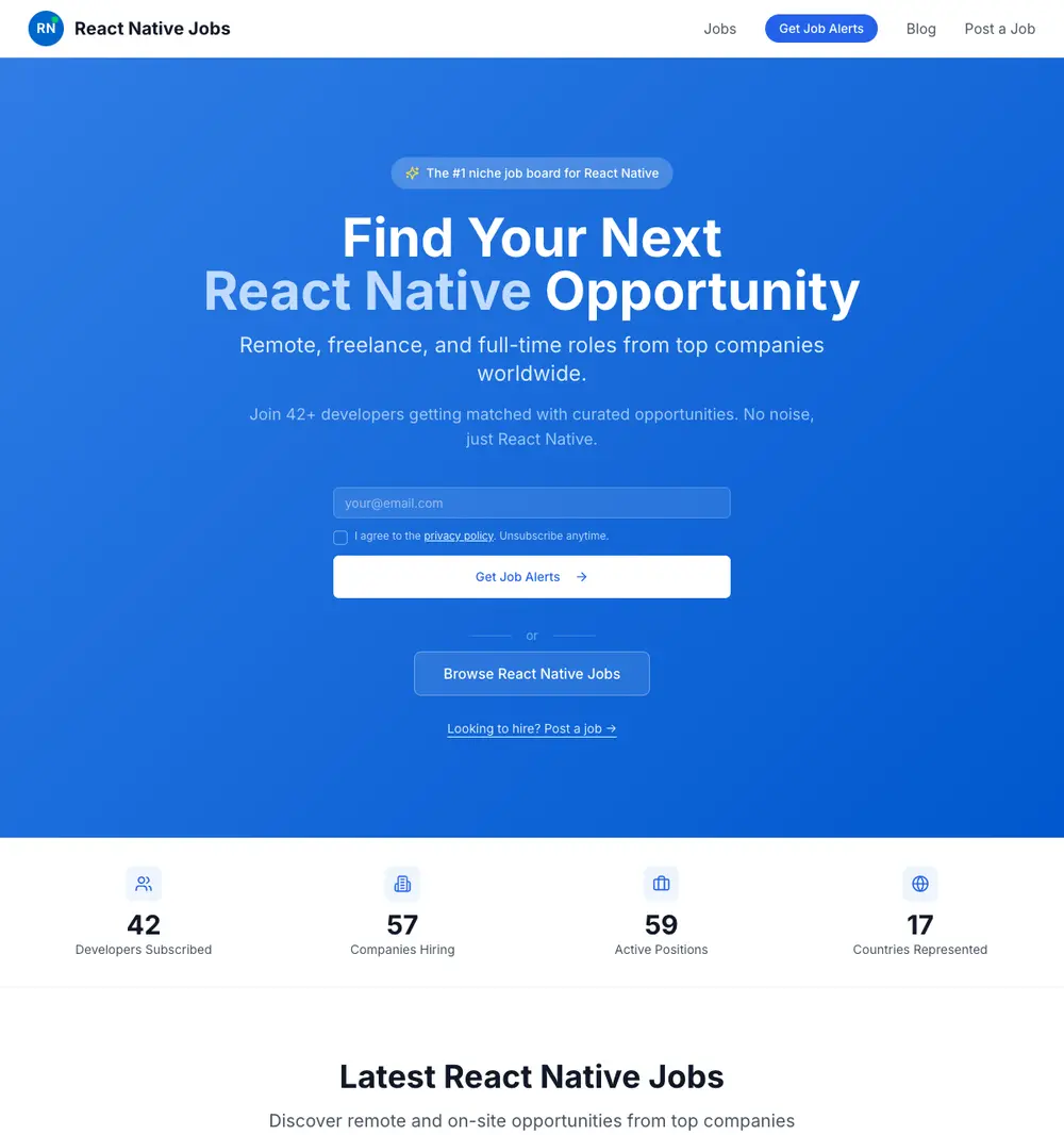 React Native Jobs job board platform screenshot showing job search interface