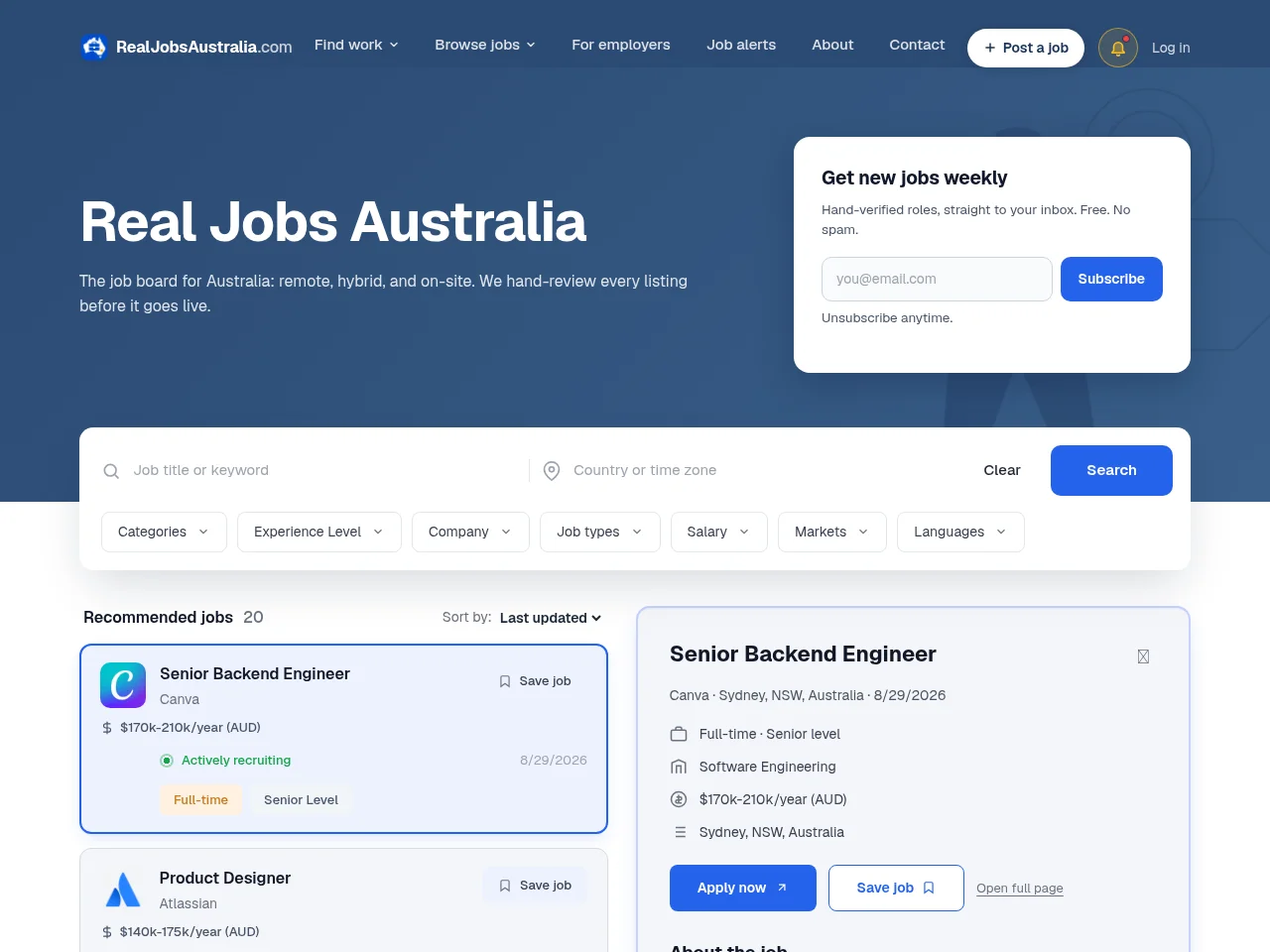 Real Jobs Australia job board platform screenshot showing job search interface