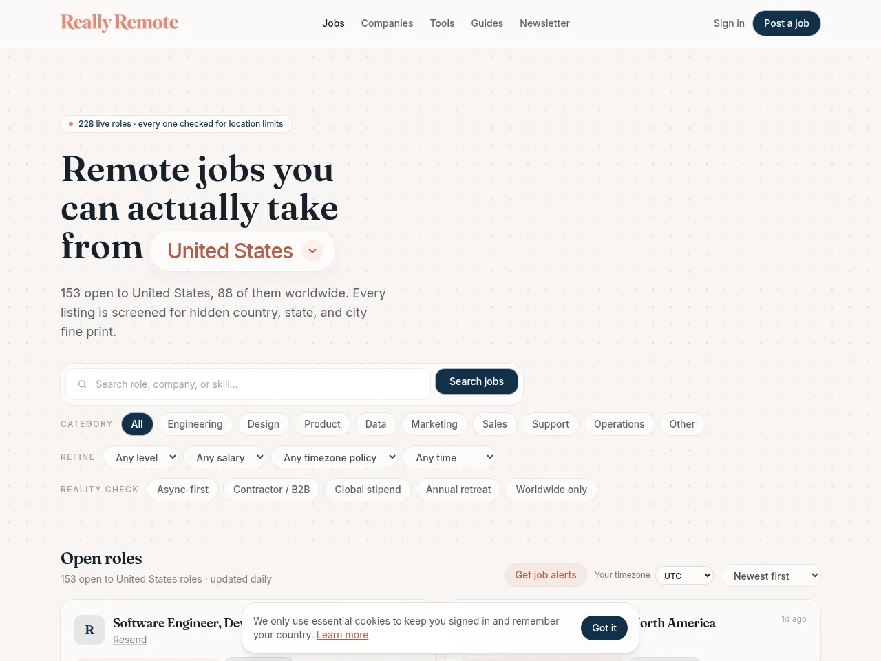 Really Remote job board platform screenshot showing job search interface