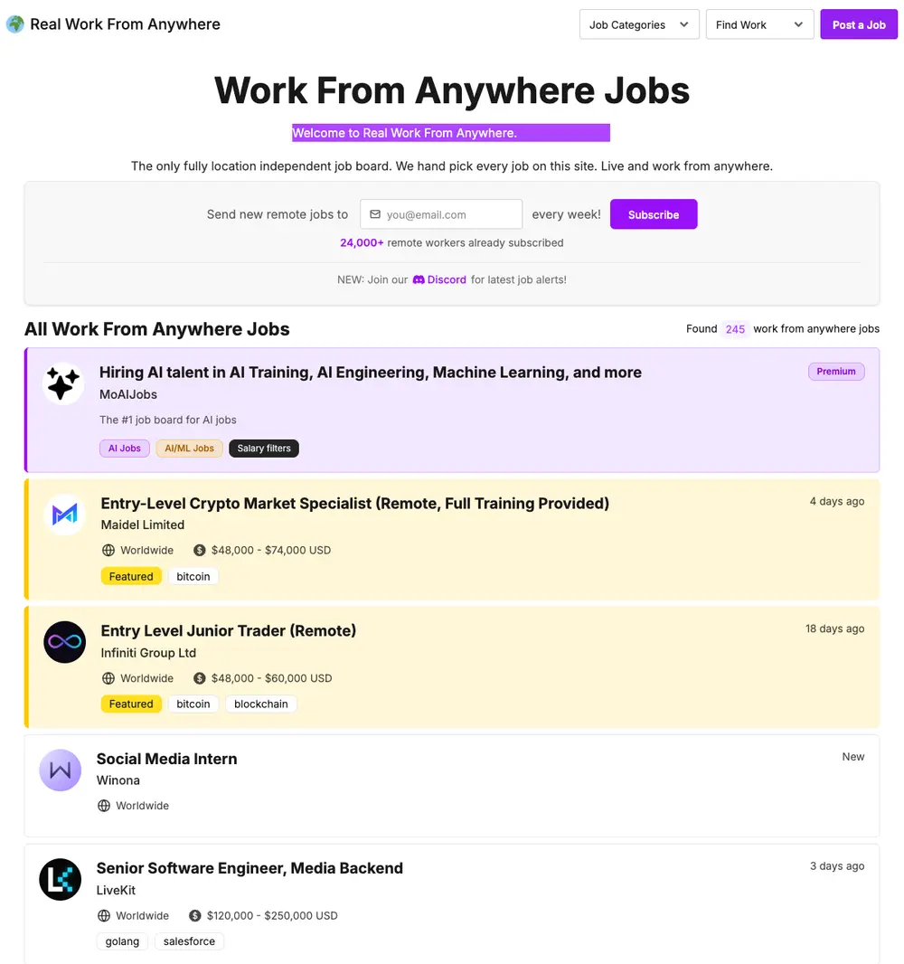 Real Work From Anywhere job board platform screenshot showing job search interface
