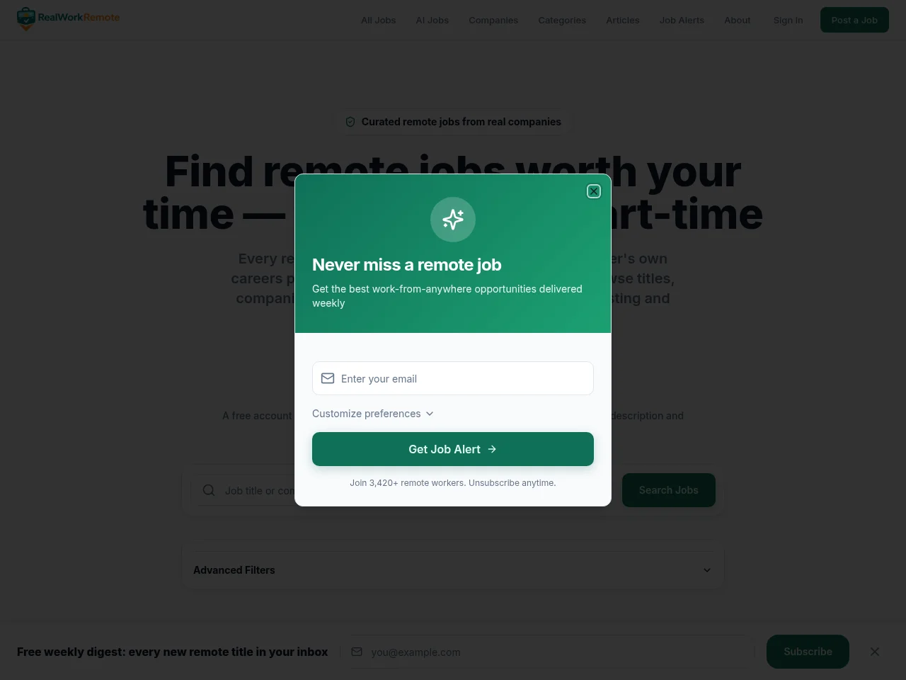 RealWorkRemote job board platform screenshot showing job search interface