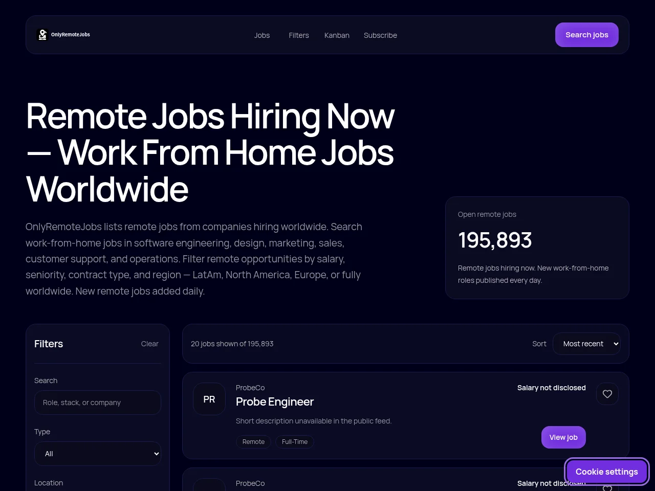 OnlyRemoteJobs job board platform screenshot showing job search interface
