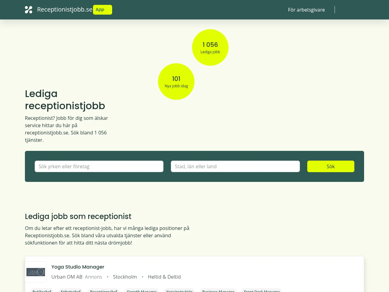 Receptionistjobb.se job board platform screenshot showing job search interface