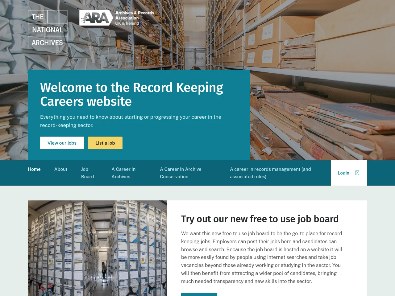 Recordkeeping Careers job board platform screenshot showing job search interface