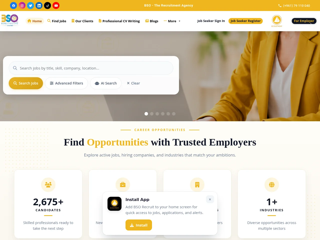 BSO Recruitment job board platform screenshot showing job search interface