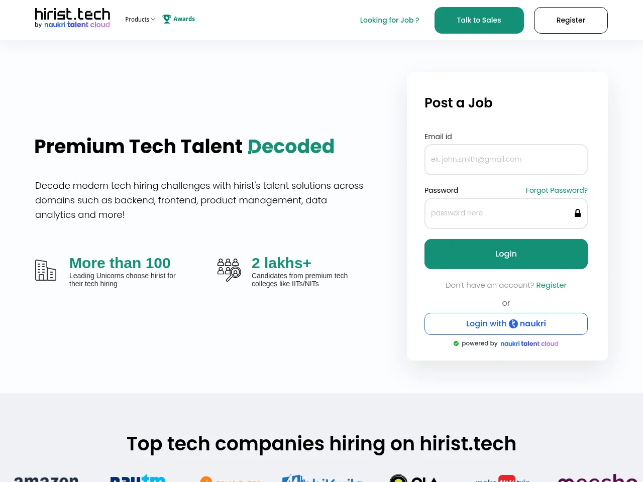 hirist.tech job board platform screenshot showing job search interface