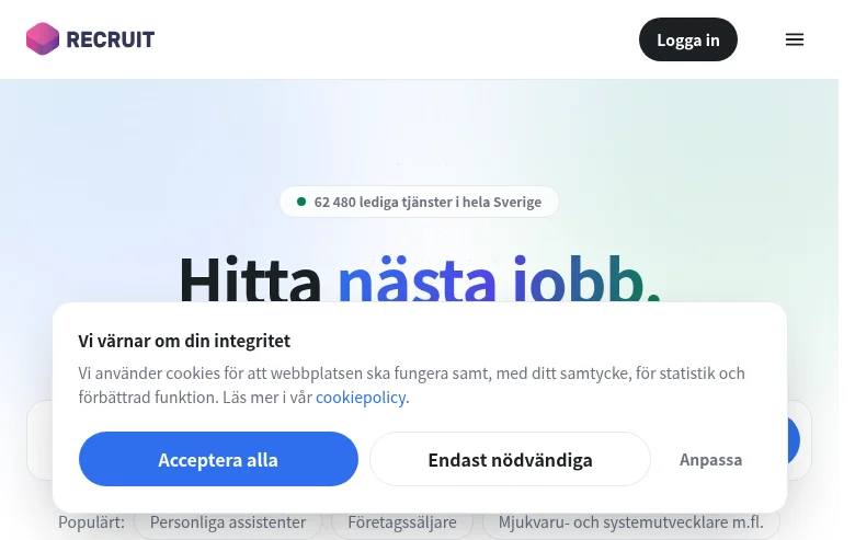 Recruit.se job board platform screenshot showing job search interface