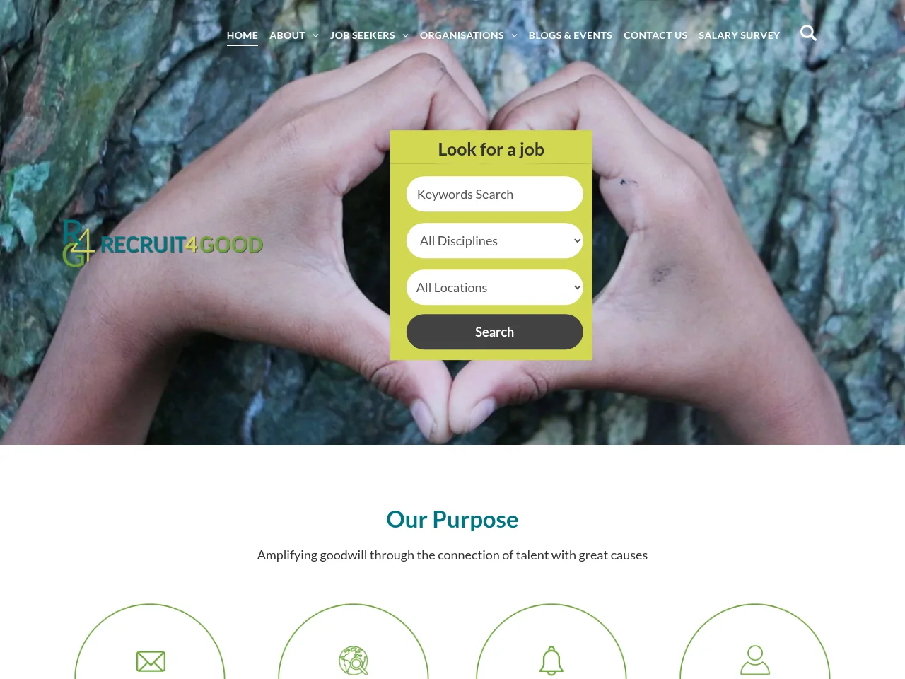 Recruit4Good job board platform screenshot showing job search interface