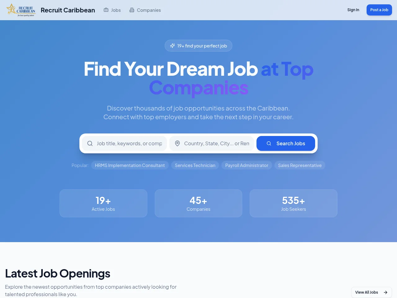 Recruit Caribbean screenshot Recruit Caribbean job board platform screenshot showing job search interface