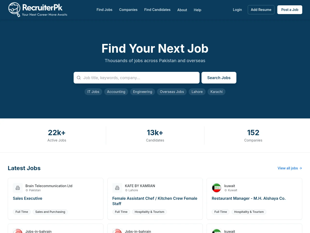 recruiter.com.pk screenshot recruiter.com.pk job board platform screenshot showing job search interface