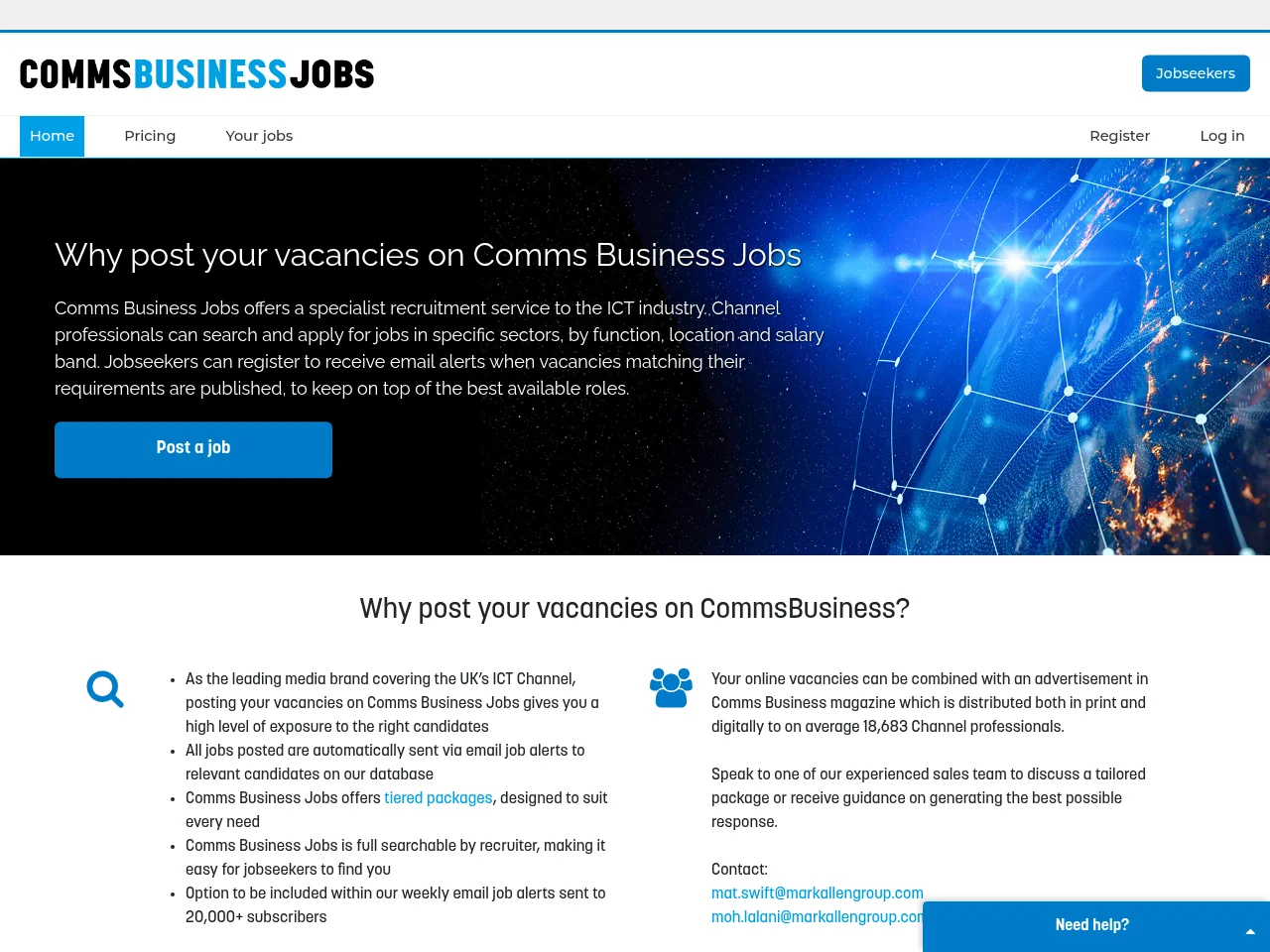 CommsBusiness Jobs job board platform screenshot showing job search interface