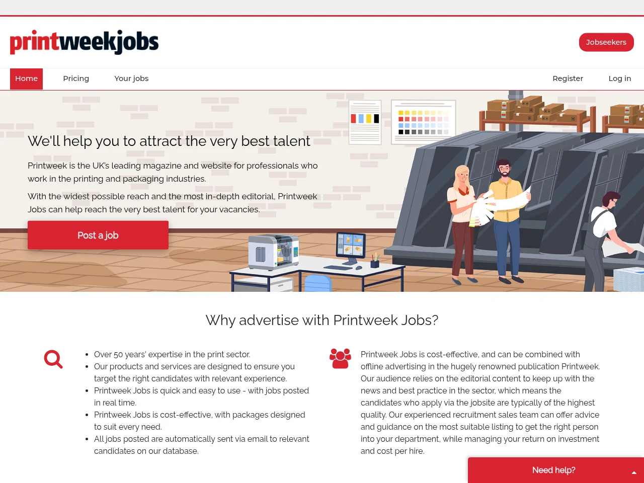 Printweek Jobs job board platform screenshot showing job search interface