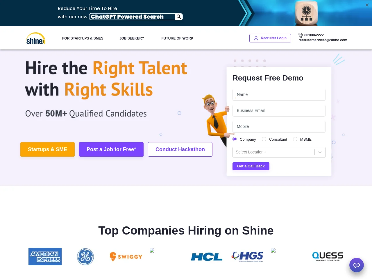 Shine.com job board platform screenshot showing job search interface
