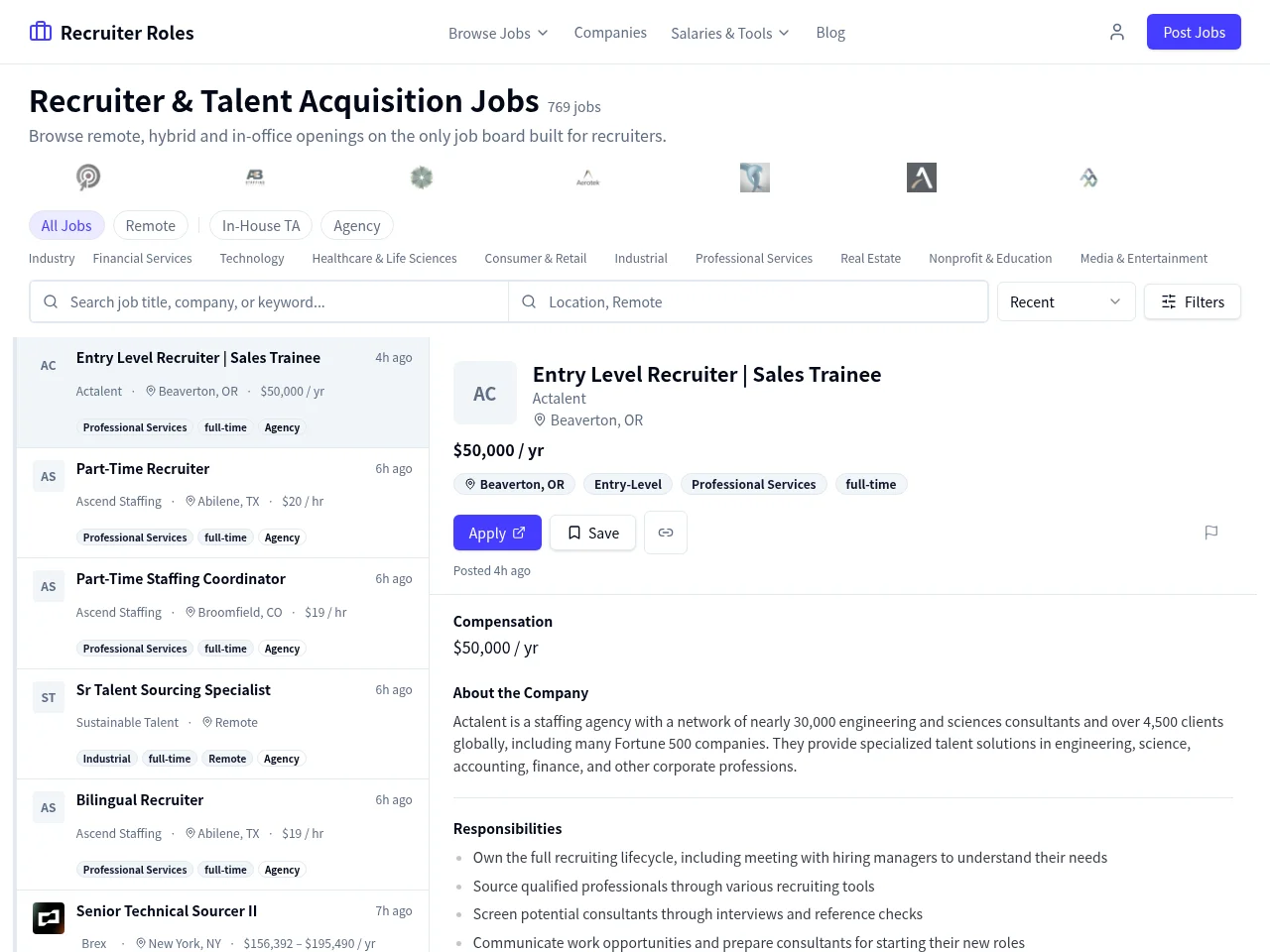 Recruiter Roles job board platform screenshot showing job search interface