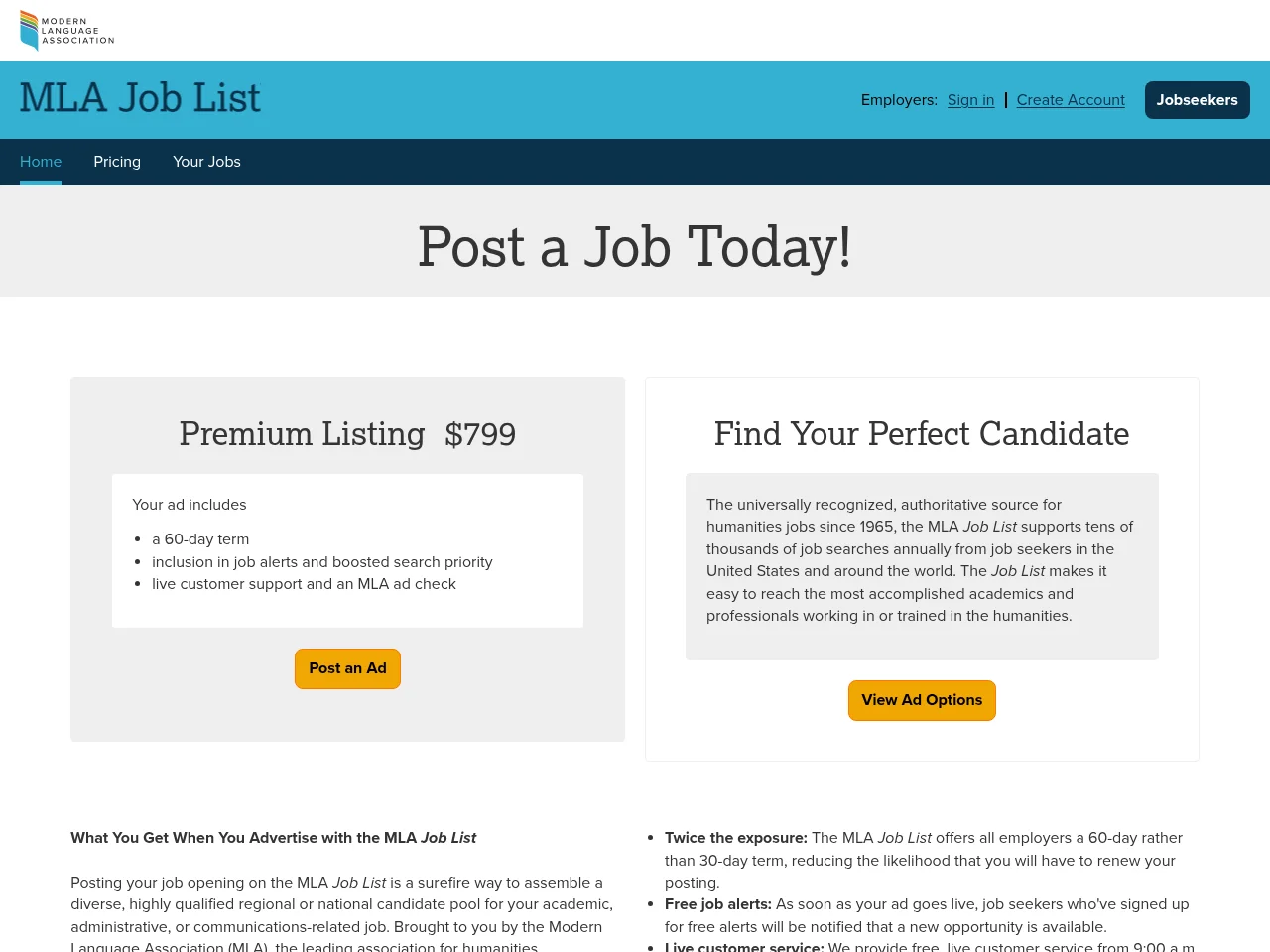 MLA Job List job board platform screenshot showing job search interface
