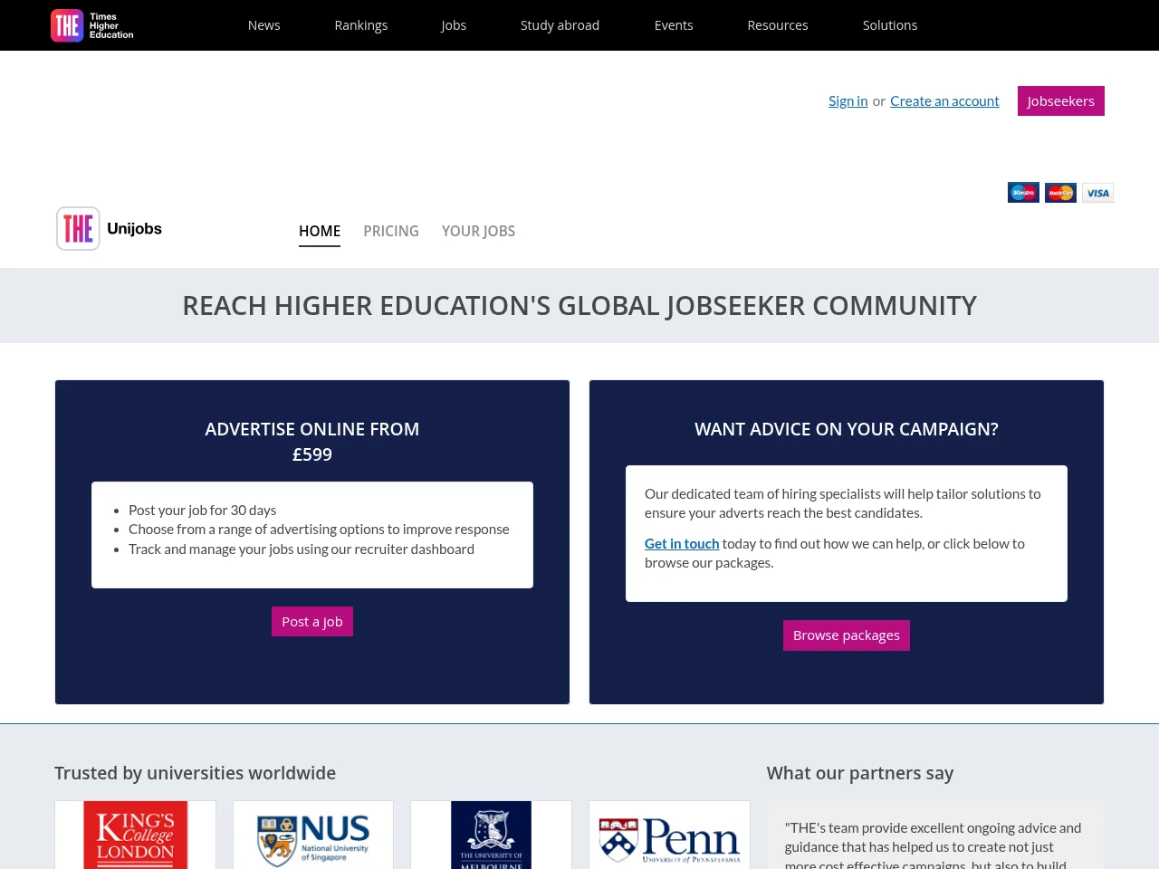 THEunijobs job board platform screenshot showing job search interface