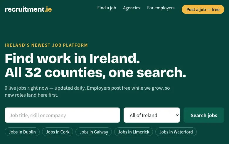 Recruitment.ie job board platform screenshot showing job search interface
