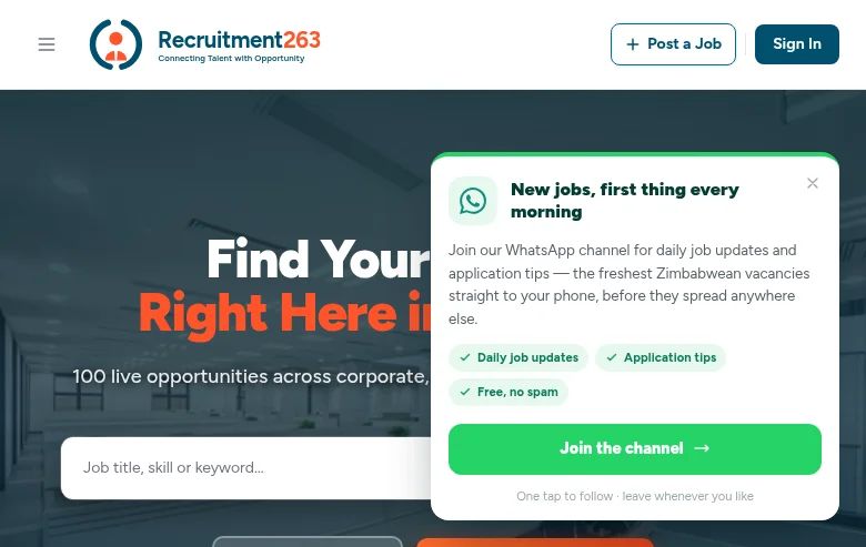 Recruitment263 job board platform screenshot showing job search interface