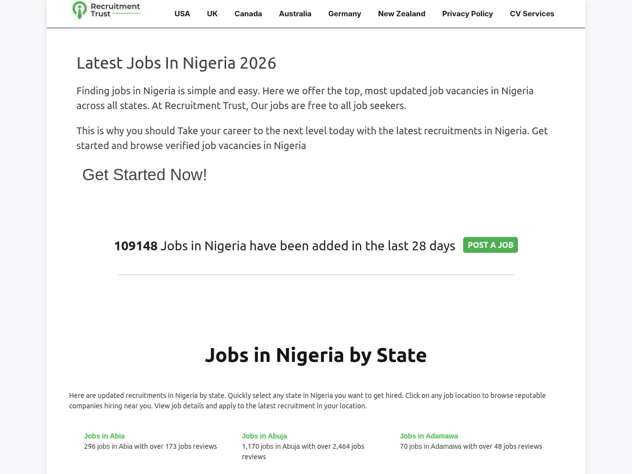 Recruitment Trust job board platform screenshot showing job search interface
