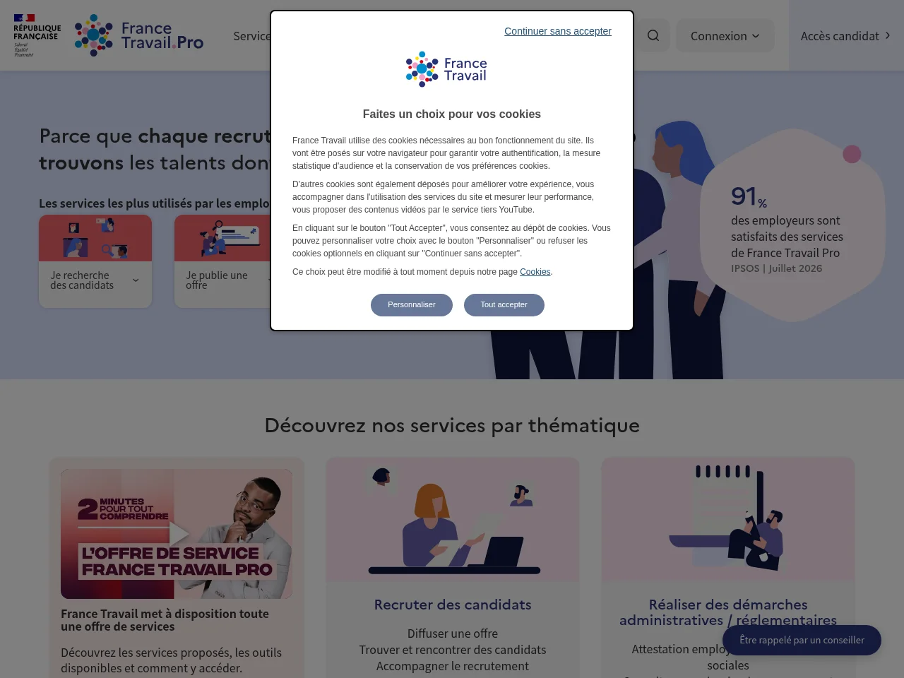 France Travail Pro job board platform screenshot showing job search interface
