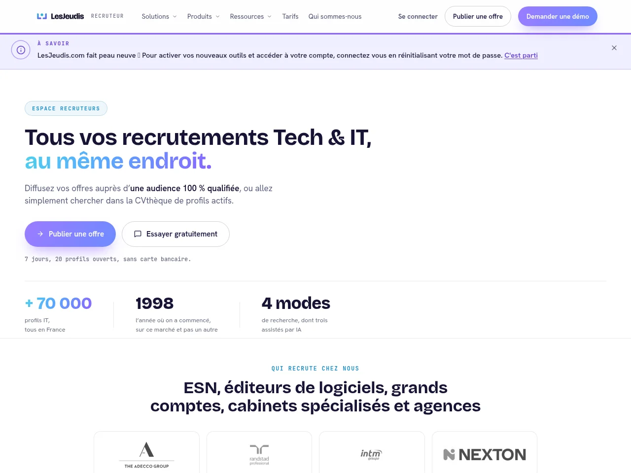 LesJeudis job board platform screenshot showing job search interface