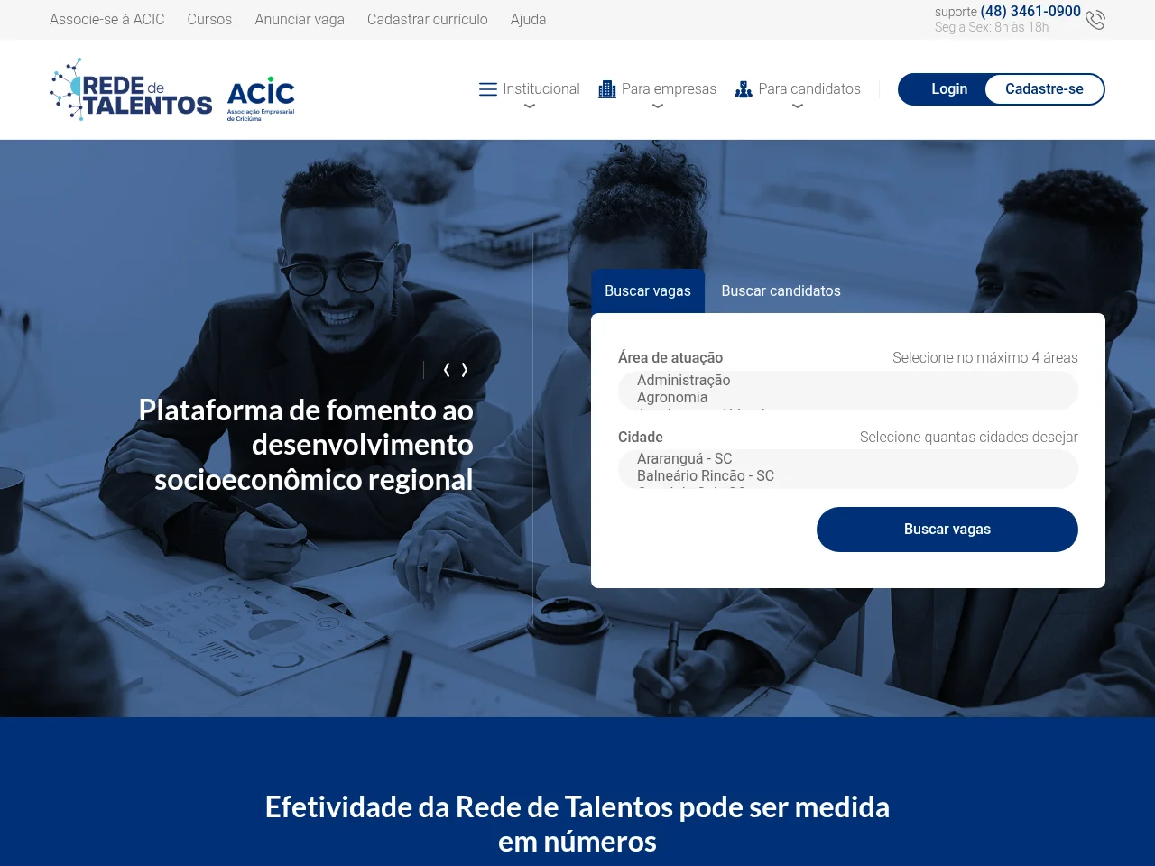 Rede de Talentos - ACIC job board platform screenshot showing job search interface