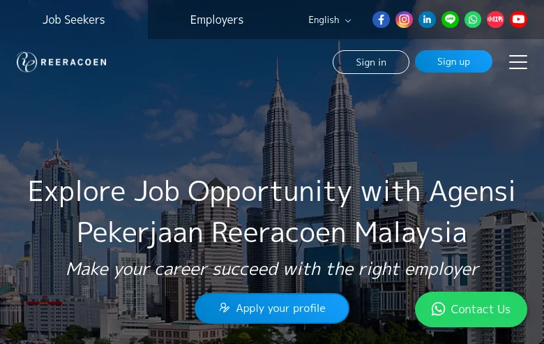 Reeracoen Malaysia job board platform screenshot showing job search interface