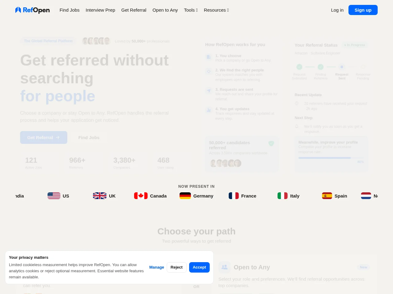 RefOpen job board platform screenshot showing job search interface