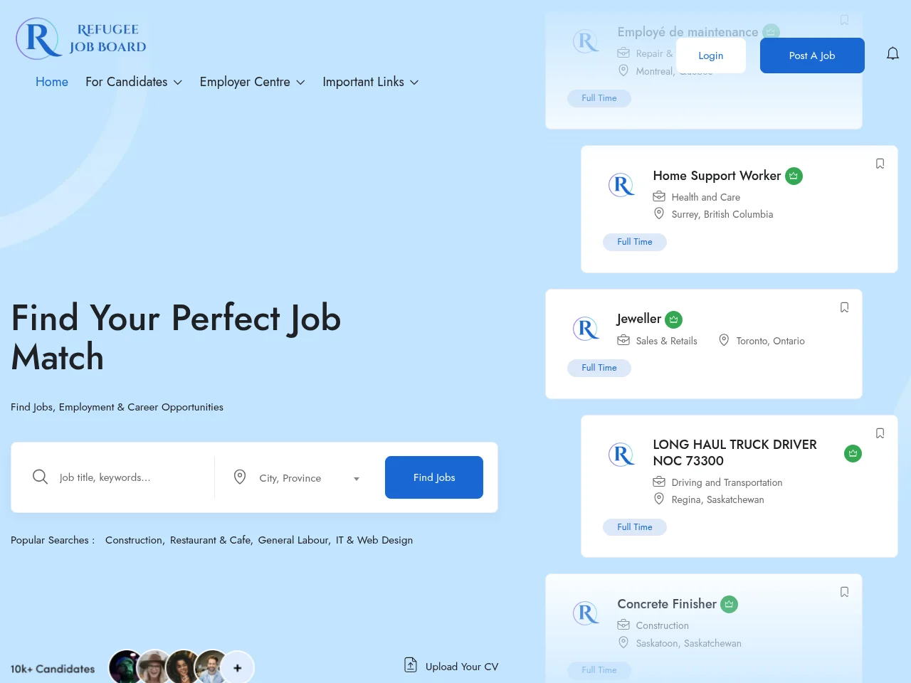 Refugee Job Board job board platform screenshot showing job search interface
