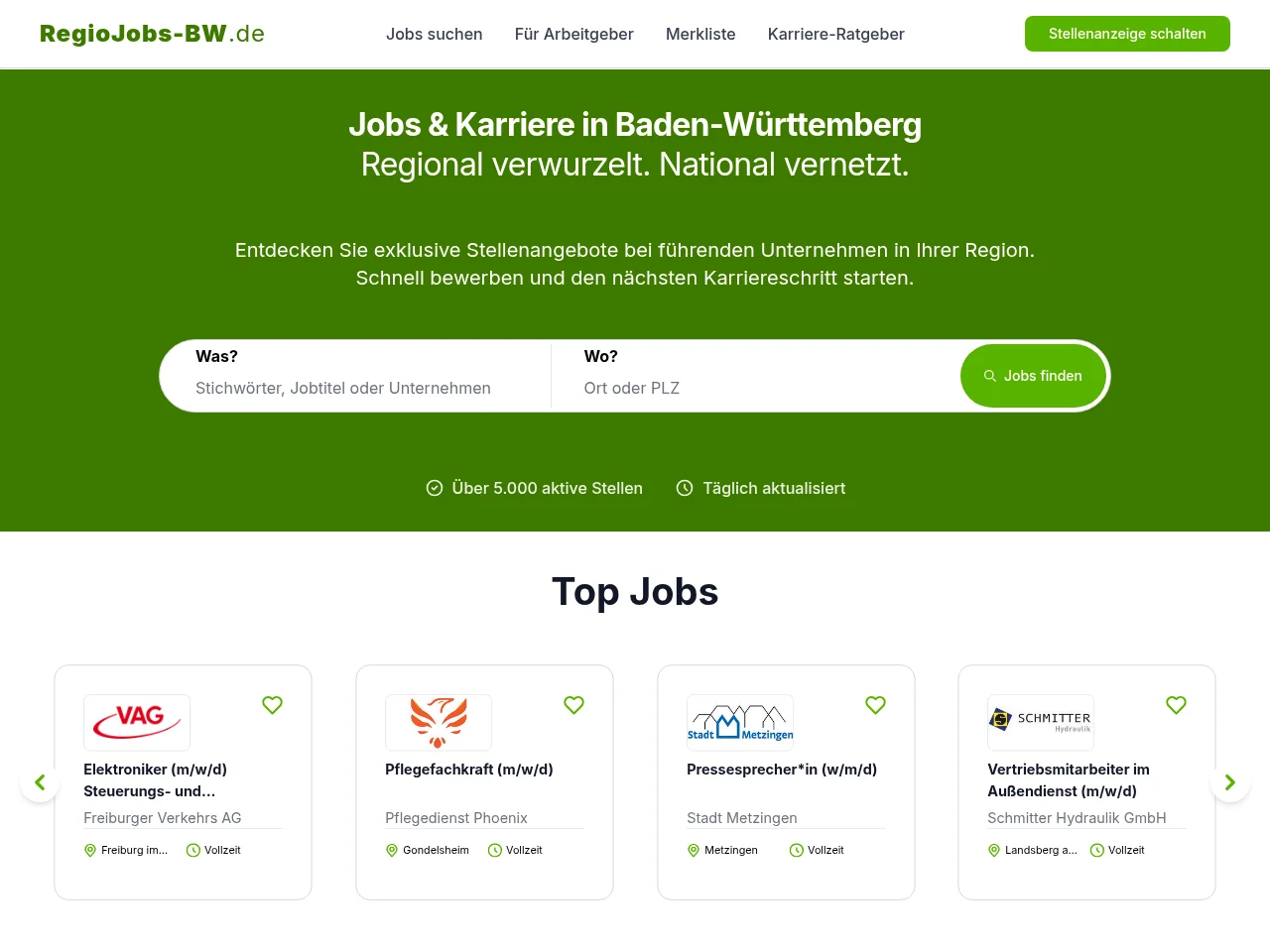 RegioJobs-BW job board platform screenshot showing job search interface