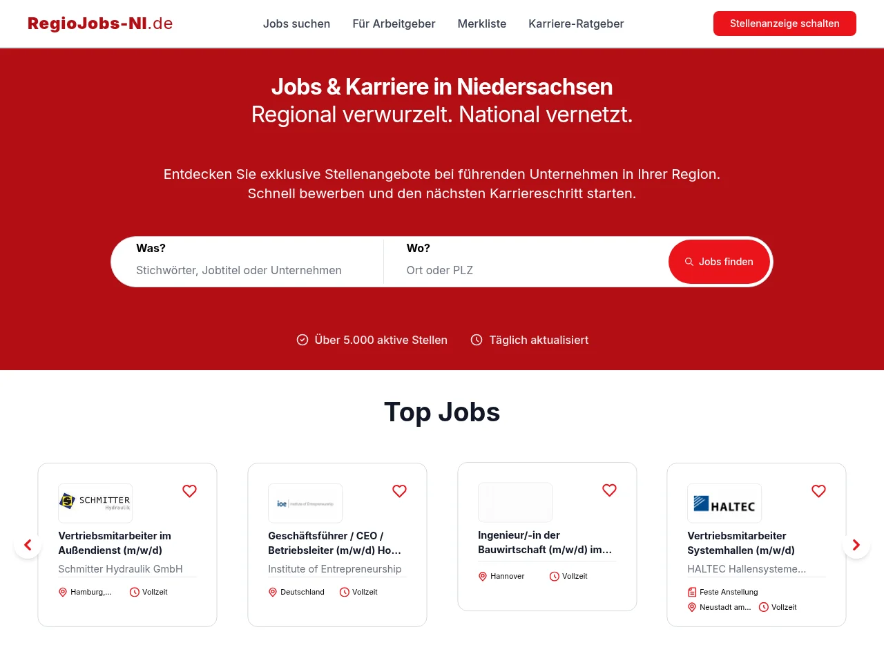 RegioJobs-NI job board platform screenshot showing job search interface