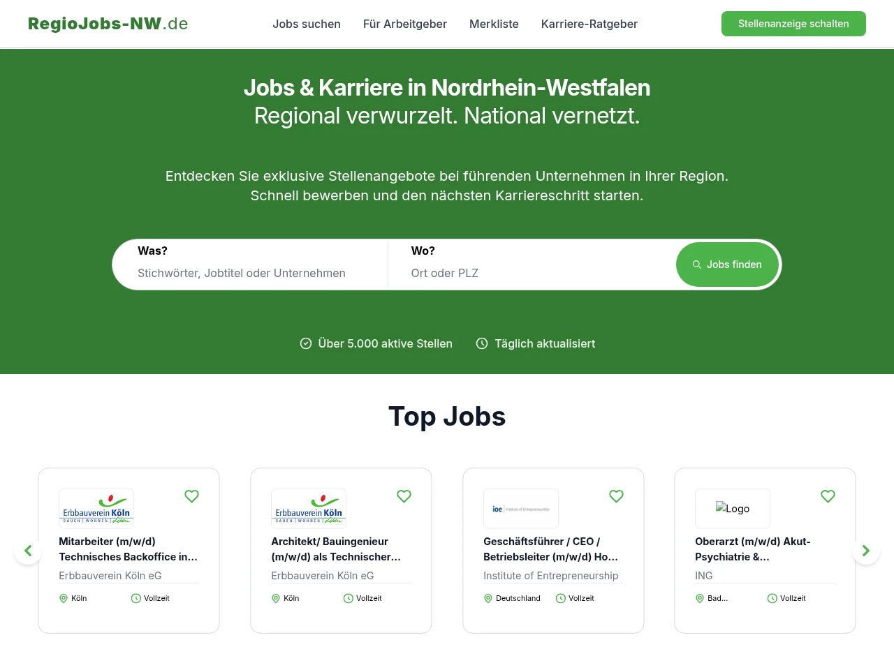 RegioJobs-NW job board platform screenshot showing job search interface