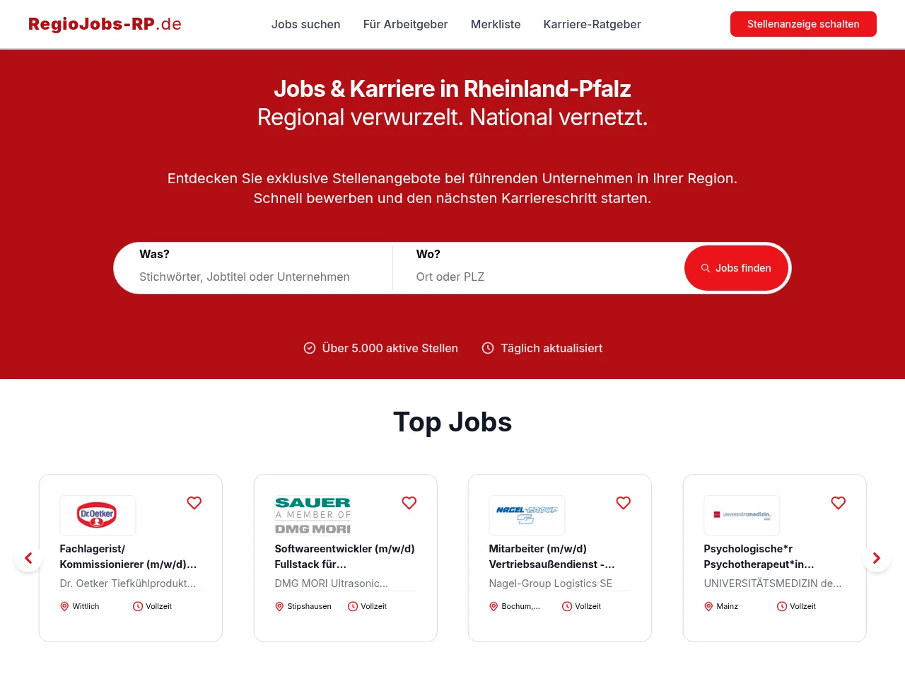 RegioJobs-RP job board platform screenshot showing job search interface