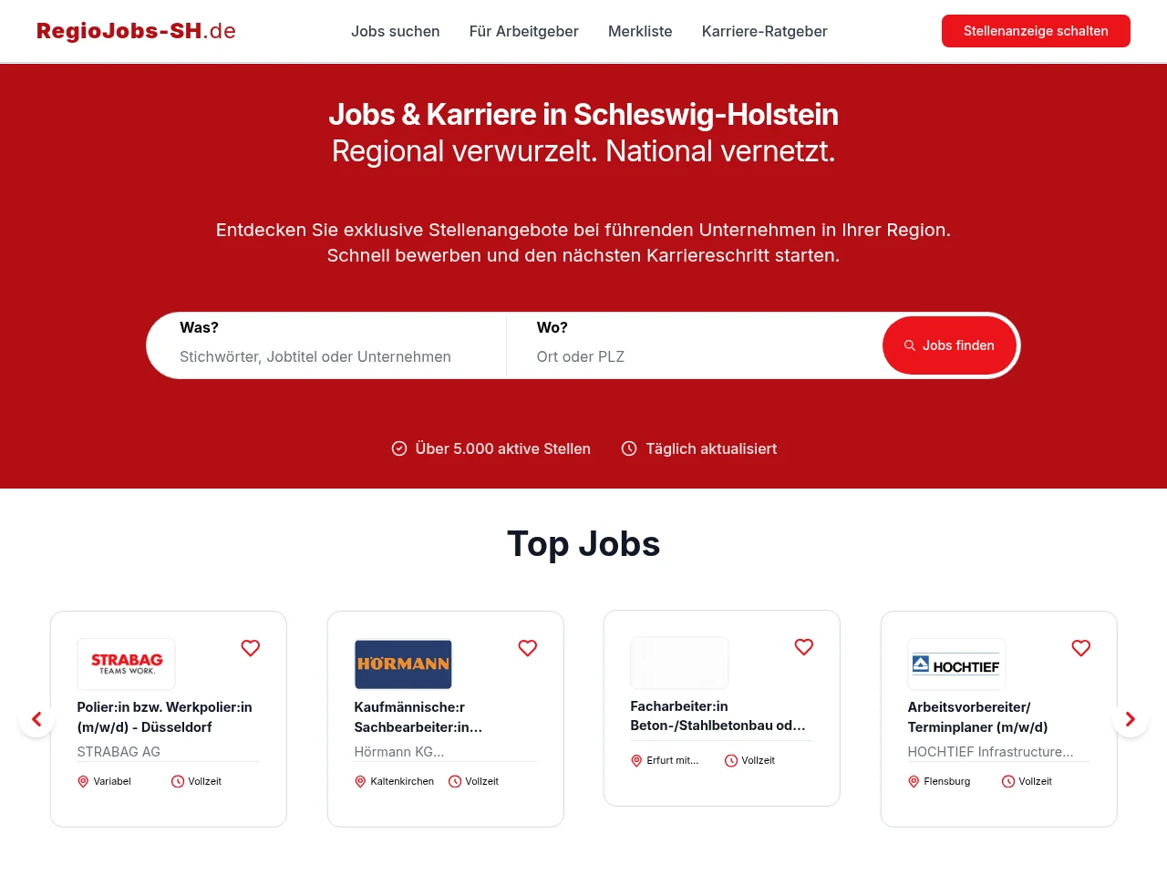 RegioJobs-SH job board platform screenshot showing job search interface