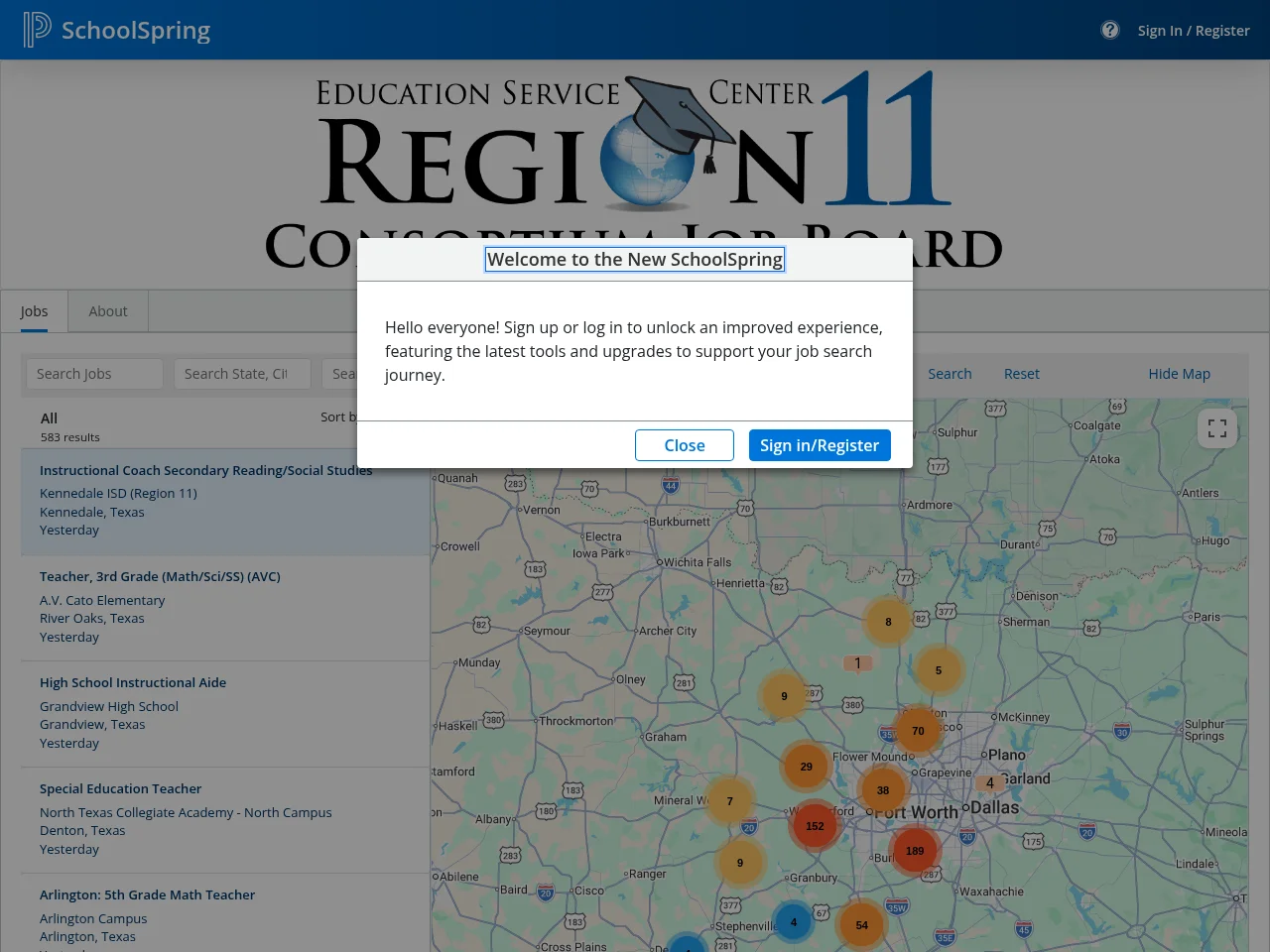 ESC Region 11 District Consortium Job Board job board platform screenshot showing job search interface