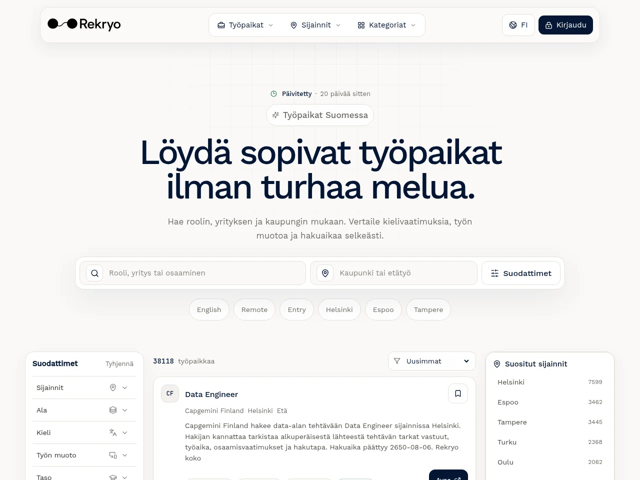 Rekryo.fi job board platform screenshot showing job search interface
