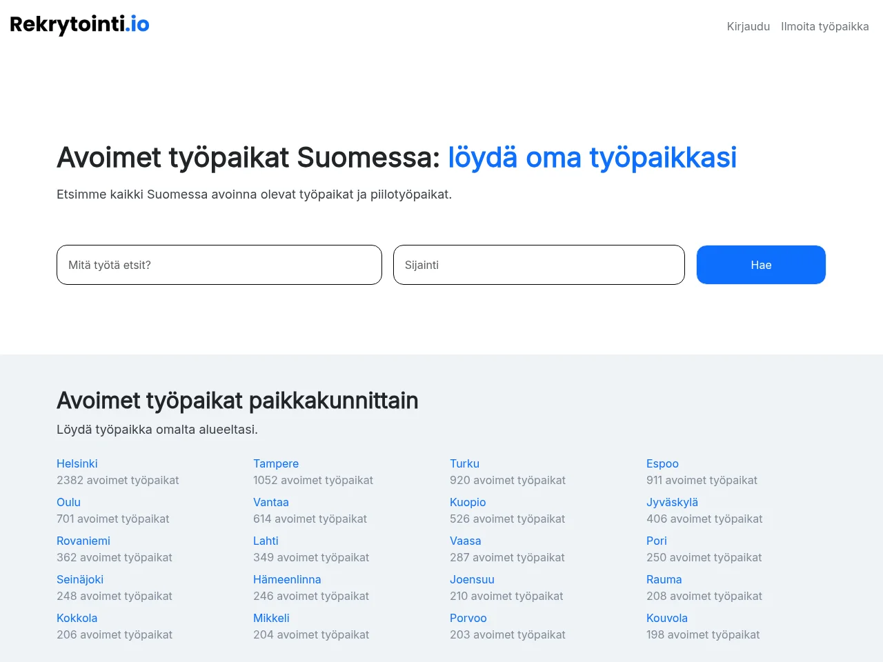Rekrytointi.io job board platform screenshot showing job search interface