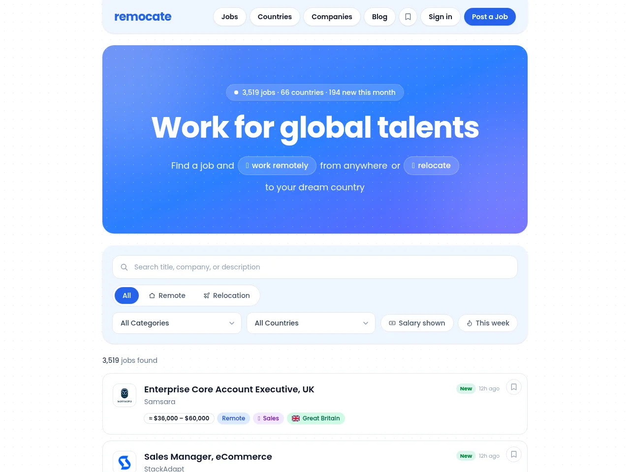 remocate job board platform screenshot showing job search interface