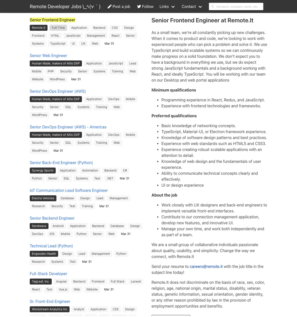 Remote Developer Jobs job board platform screenshot showing job search interface