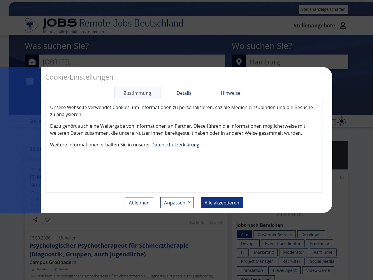 Remote Jobs Deutschland job board platform screenshot showing job search interface