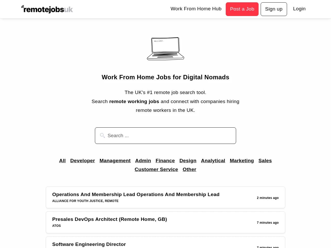 Remote Jobs UK job board platform screenshot showing job search interface