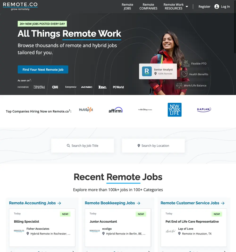 Remote.co job board platform screenshot showing job search interface